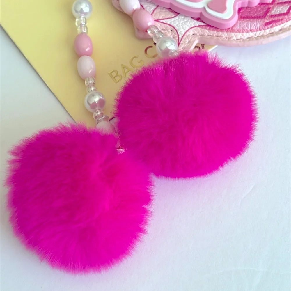Pink Disco Baby pop art Handbag Charm/Keychain with furry Pom Poms
